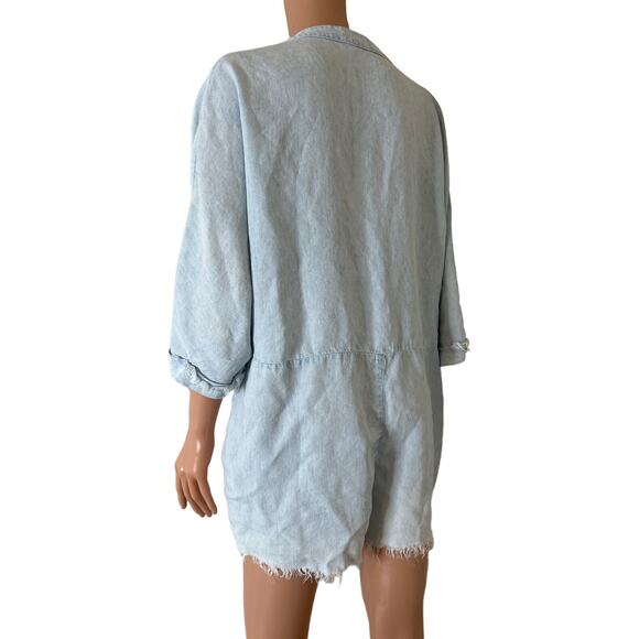 Show me your MuMu romper Chambray half button up rolled 3/4 sleeves SZ LG light - Picture 2 of 7